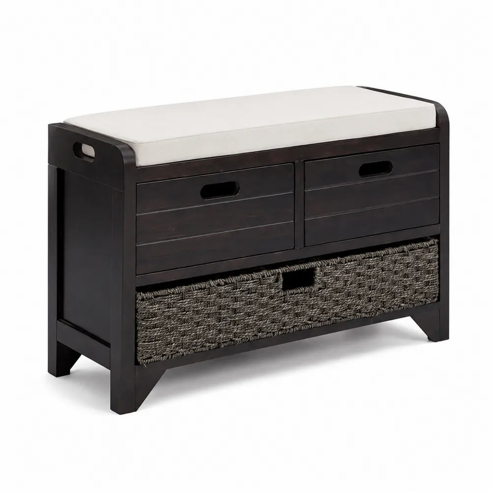 Panca in Legno e Rattan con Cuscino e Cassetti