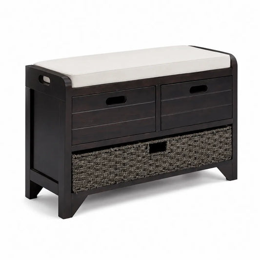 Panca in Legno e Rattan con Cuscino e Cassetti