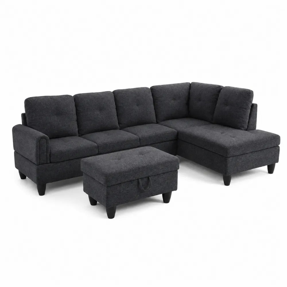 Divano angolare in tessuto grigio con pouf