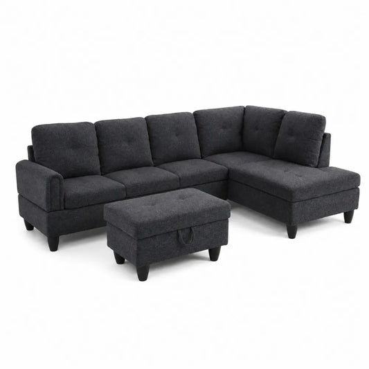 Divano angolare in tessuto grigio con pouf