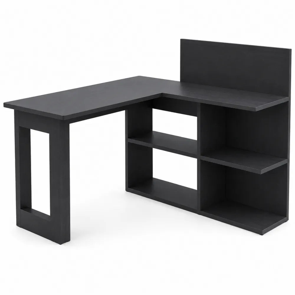 Scrivania angolare in legno nero con scaffali
