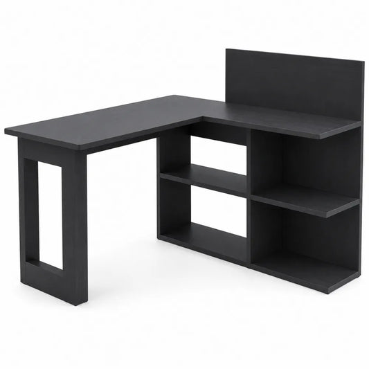 Scrivania angolare in legno nero con scaffali
