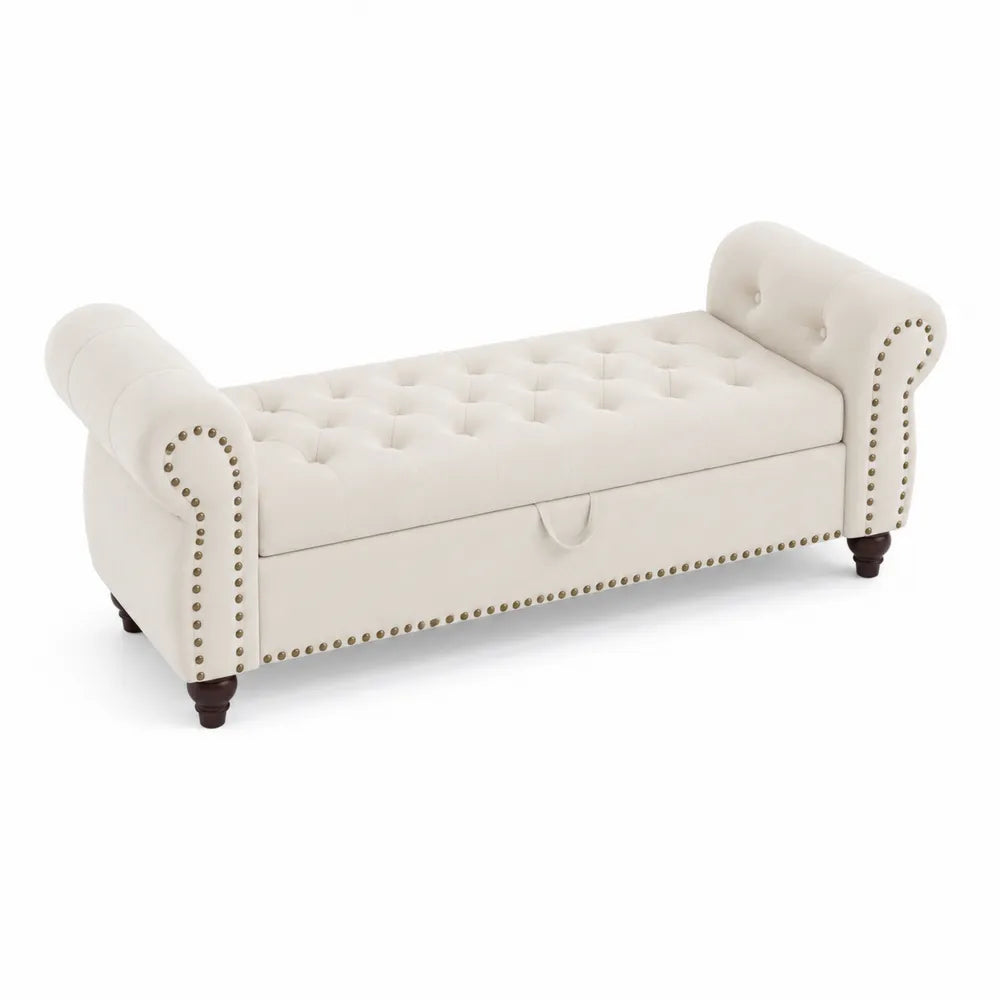 Panca in Tessuto Beige con Braccioli e Bottoni