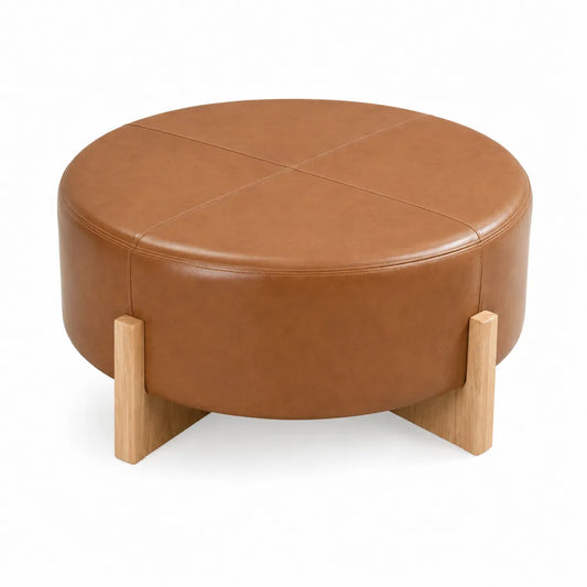 Pouf rotondo in legno e pelle sintetica marrone Ø80 cm