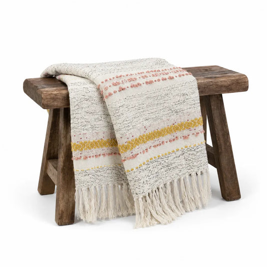 Panca in legno massello marrone con coperta in cotone multicolore